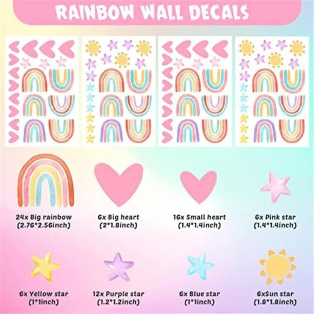 Rainbow Wall Stickers Kids Room Decals Heart Star Sun Vinyl Nursery Bedroom Deco